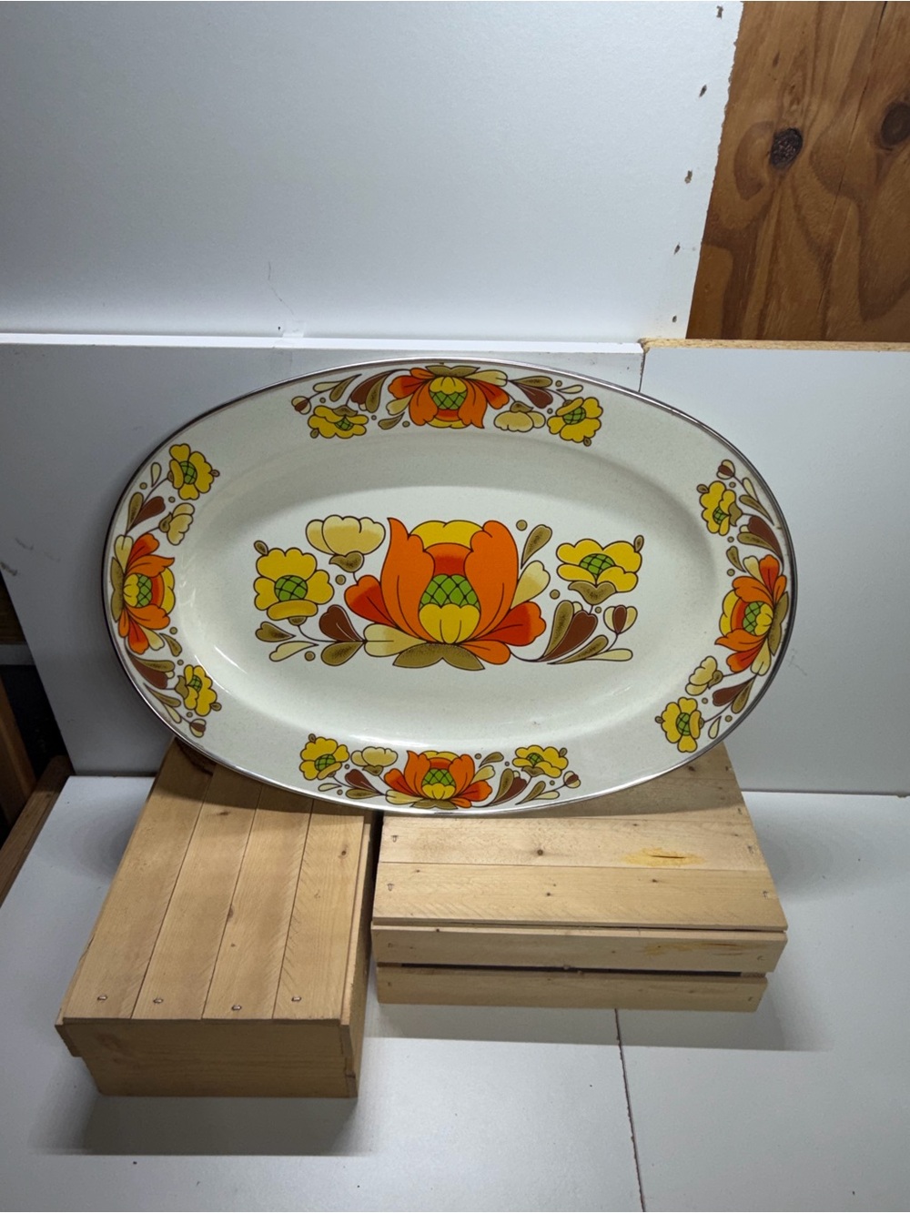 Vintage Sanko Ware Country Flowers Oval Enamel Serving Platter Japan